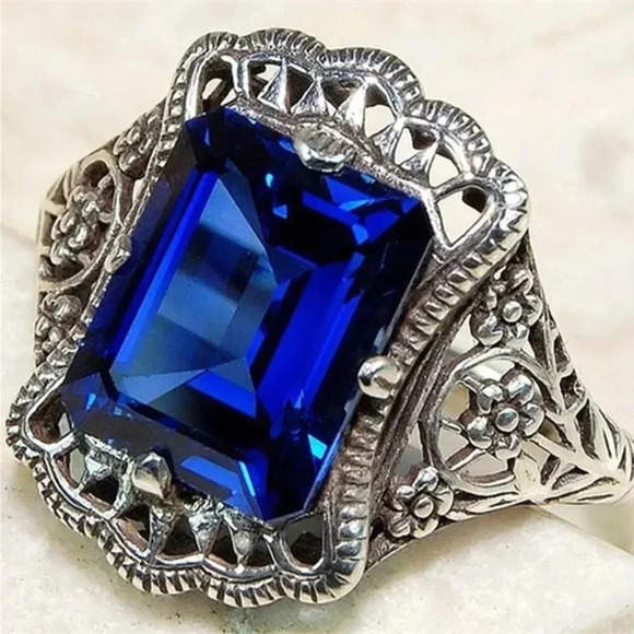 925 Silver Plated Retro Style Emerald Cut Blue CZ Ring, MARR9334 - Picture 5 of 6